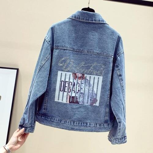 Character Portrait Pattern Print Denim Jacket Women Loose Casual Long Sleeve Turn-Down Collar Sequin Coats Vestidos 2021 Spring