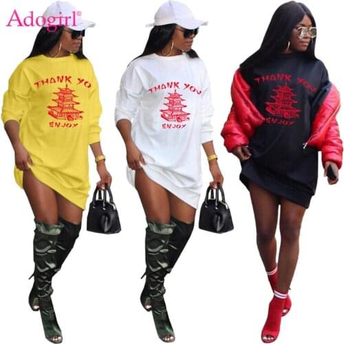 Adogirl Thank You Letter Tower Print Sweater Dress 2020 Autumn Winter Long Sleeve Loose Casual Mini Casual Dresses Streetwear