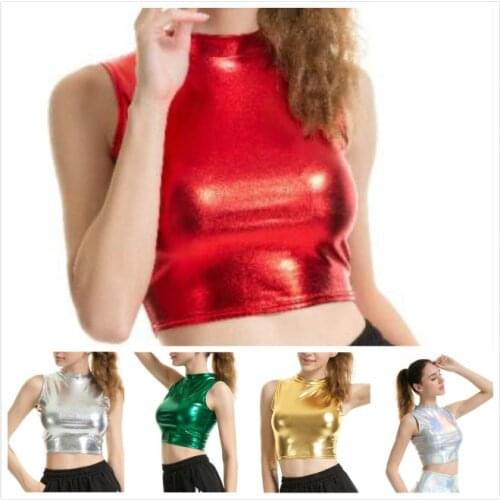 Half High Collar Sleeveless Bright Leather PU Tank Tops Women Performance Nightclub Sexy Short Tops Crop Top Solid Multi Colors