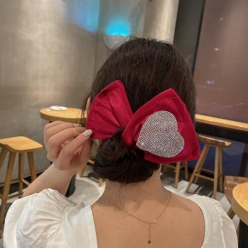 Simple Rhinestone Heart Fabric Hairbands Korean Lazy Twist Clip Large Bow Headband Jewelry Hair Band Hair Accessories for Girl
