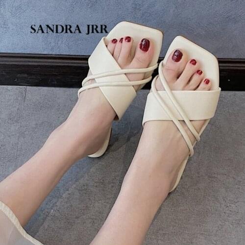 SANDRA JRR Summer Brief Slippers Leather Strap Slide Sandal Flat Heel Seaside Holiday Casual Shoes
