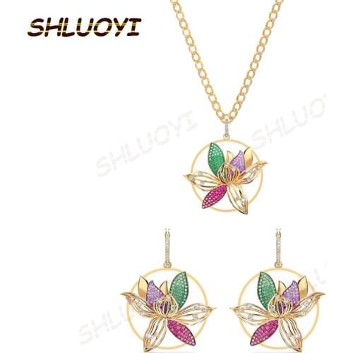 SHLUOYI Fashion jewelry high quality SWA orchid lock love female clavicle chain Flower Pendant Charm Necklace