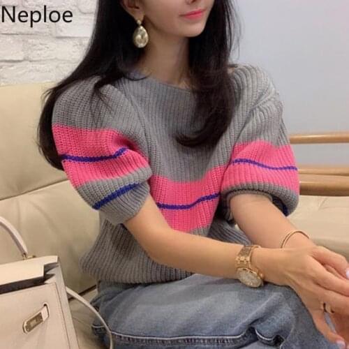 Neploe Rainbow Striped Sweater Women Spring 2021 Korean O Neck Puff Sleeve Female Pullover Tops Casua Stretch Ladies Jumper