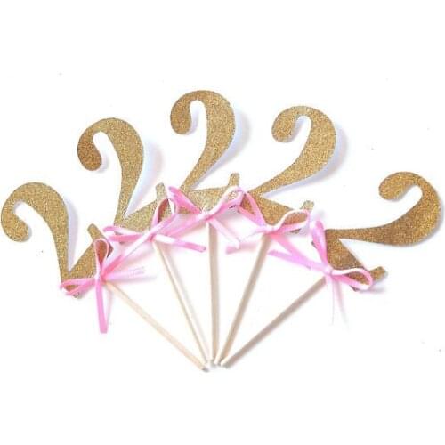 2nd Birthday Cupcake toppers, Glitter gold with pink bow custom number wedding toothpicks Bridal baby shower party decor