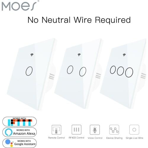 White WiFi Smart Wall Switch No Neutral Wire Needed Wireless Smart Life Tuya Remote Control Single Fire Work With Alexa RF433
