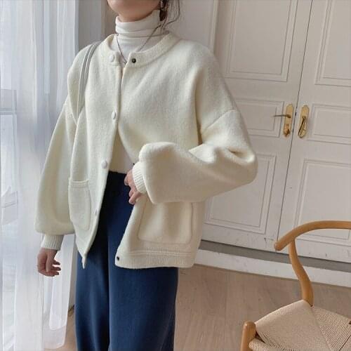 2021 New Autumn Round Collar Loose Lantern Sleeve Cardigan Sweater Computer Knitted Womens Sweaters Winter Sweater