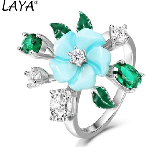 Laya 925 Sterling Silver Summer Hot Style Jewelry High Quality Zirconium Natural Shell Flower Green Leaf Enamel Ring For Women