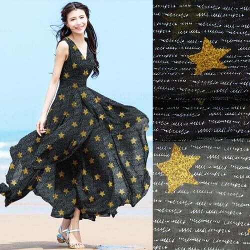 135CM Wide 6MM Golden Stars Print Thin Black Silk Chiffon Fabric for Summer Long and Short Dress Shirt Scarf JH094