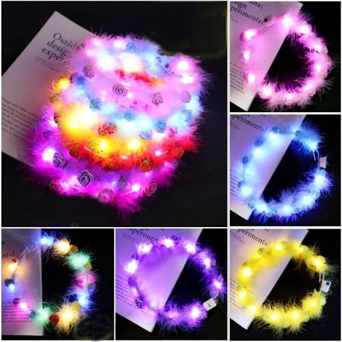 20pcs Luminous Feather Headband Head Hoop Rose Garland LED Lights Flash Wreath Wedding Decor Night Club Bar Glow Party Supplies