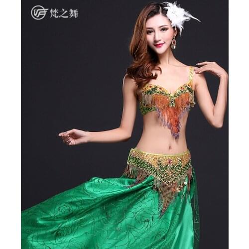 2017 Newest Surperb Sequins Belly Dance Indian Dance Practice Clothes Adult Performance Costume Bra+Skirt+Wasit Chain 3pcs Suit