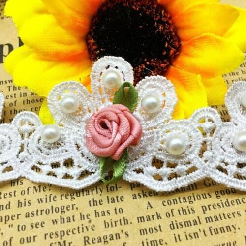20X 3.5cm Pearl Rose Flowers Embroidered Applique Lace Trim Ribbon Fabric Sewing Craft For Costume Wedding Dress Decoration