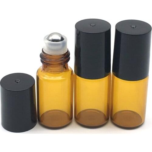3pcs 3ml Empty Amber Roller Bottle for Essential Oil Roll-on Refillable Perfume Bottle with black lid