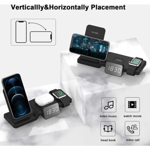 5 in 1 Digital Display Clock wireless Chargers Station Multi-function Charger fast quick charging Stand for iphone 12/ 11pro