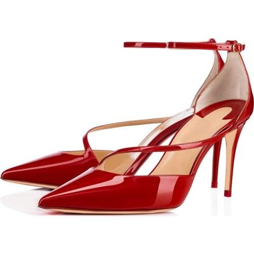 Womens Sandals Pumps High Heel 2021 Summer Buckle Strap Patent Leather Sandal Ladies Pointed Toe Women Shoes Sandalias Mujer