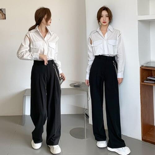 Korean Fashion Casual Cargo Pants Suits Autumn 2021 Womens Clothing Hanging Chain Wide Leg Baggy Black Joker High Waist Pants