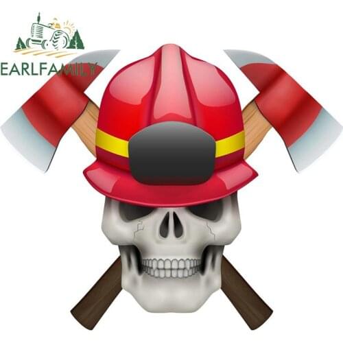 EARLFAMILY 13cm x10.9cm Human Skull with Firefighter Helmet Car Stickers Graffiti Decal Sunscreen Windshield Car Accessoires