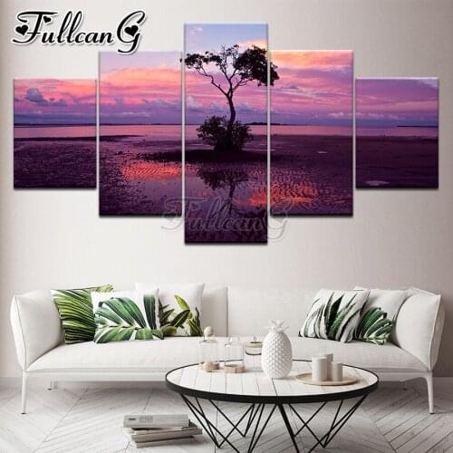FULLCANG Sunset tree scenery 5 piece diy diamond painting full square round drill mosaic embroidery sale home decor FC2963