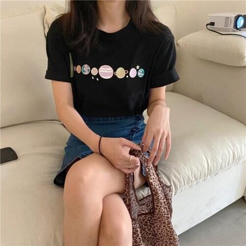 2021 Space Milky Way Planet Universe Embroidered T-shirt Fashion Loose Korean Student Short Sleeve T-shirt Ladies Summer T-shirt