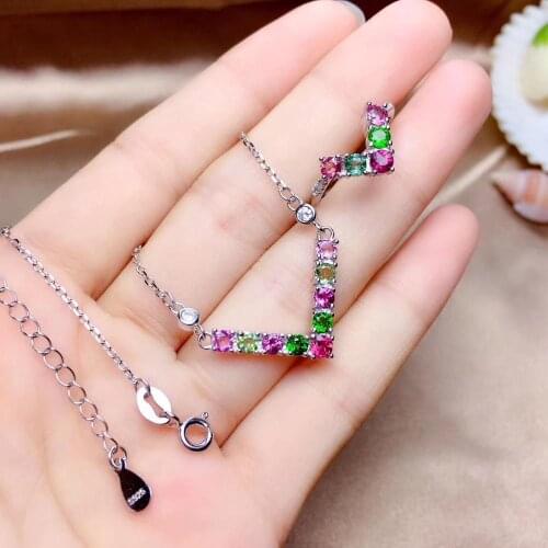 Grace triangle geometry Natural Multicolor tourmaline ring Necklace Natural Gemstone Jewelry Set S925 Silver Women party jewelry
