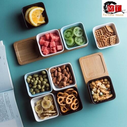 Nordic Style Ceramic Dry Fruit Dish Ins Bamboo Wood Partition Fruit Plate Snack Plate Creative Household Ceramic Plate snacks