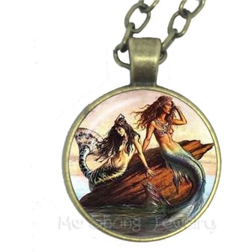 Round Glass Cabochon 25mm Little Mermaid Necklace Fantasy Sea Fairytales Mythology Glass Art Picture Drop Necklace