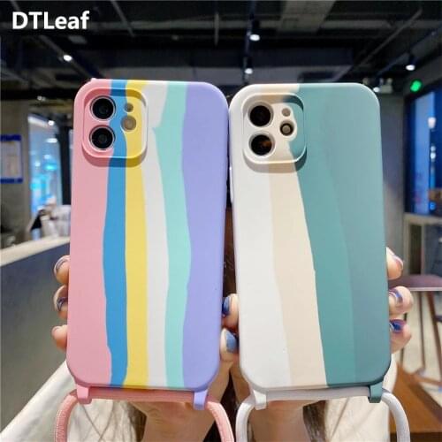 Crossbody Lanyard Gradient Rainbow Soft Phone Case For iPhone 11 12 Pro Max X XR XS 8 6S 6 7 Plus SE 12 Mini Silicone Back Cover