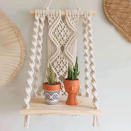 Bohemian Wall Hanging Shelf Macrame Potted Plant Flower Tray Wooden Swing Wall Mounted Shelves Handwoven Home Dedroom Decoration