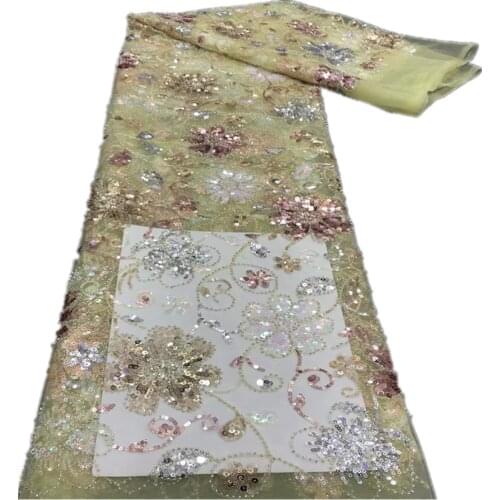 Nigerian Lace Fabric 2021 Gold High Quality African Lace French Tulle Sequin Embroidery Lace Fabrics For Party Dress XB-190