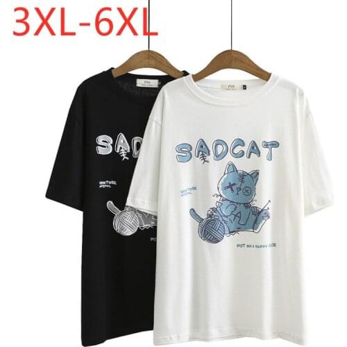 New 2021 Ladies Summer Plus Size Tops For Women Large Short Sleeve Loose Cotton Black White Cartoon T-Shirt 3XL 4XL 5XL 6XL