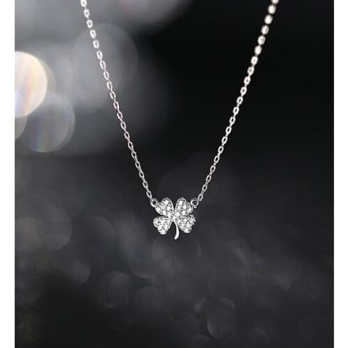 Wholesale Real 925 Sterling Silver Necklaces Rhinestone Zirconia Four Leaf Pendant Necklaces Women Jewelry