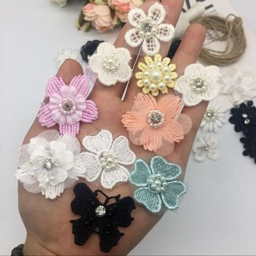 Pink White Flower Pearl Sew On Patch for Clothing Wedding Dress Beading Lace Applique for Sweater Socks DIY Accessories