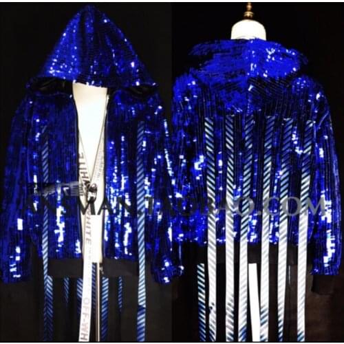 S-5xl 2020 New Mens Clothing Singer Nightclub Dj Gd Blue Sequins Mirror Loose Ribbon Weaving Baseball Jacket Stage Costumes