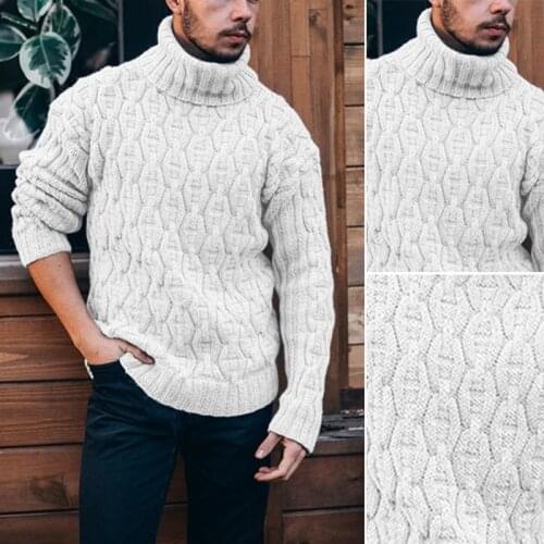 MenS Turtleneck Sweater Men Thicken Warm Winter Sweater MenS New Casual Geometric Sweater White