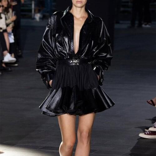 2020 Party Dress Turn Down Neck Long Lantern Sleevve Patachwork Mech Pocket Short Mini Black Dress Dresses For Women Vestidos