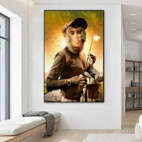 Funny Art Golf Monkey Canvas Painting Home Decoration and Interesting Animals Art Poster Print Wall Picture for Living Room