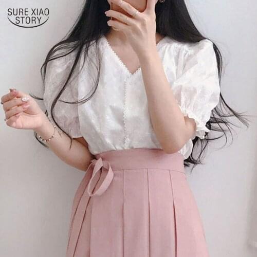 Korean Clothes Embroidery Hollow Out Top Female Cotton Short Sleeve Solid Shirt Vintage Lantern Sleeve Womans Blouses 9597