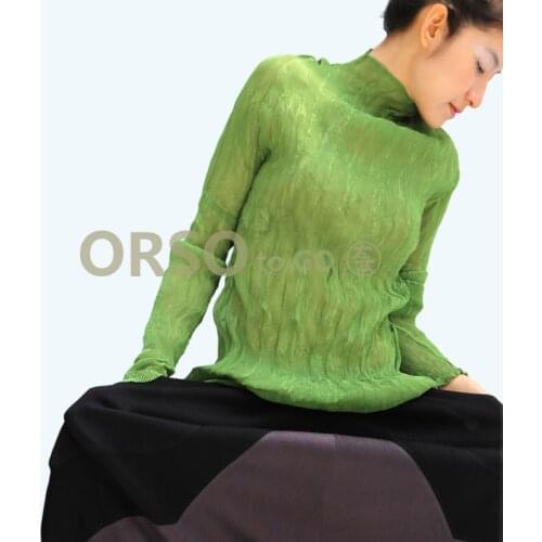 Azterumi Pleats Summer Spring 2019 Women Sexy See Through Pleated T-shirt Stand Collar Tees Black Gray Orange Green Blue Tops