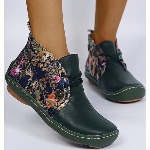 2021 Women Leather Ankle Boots Casual Lace Up Winter Boots Comfortable Soft Rubber Solid Flat Shoes Plus Size Female