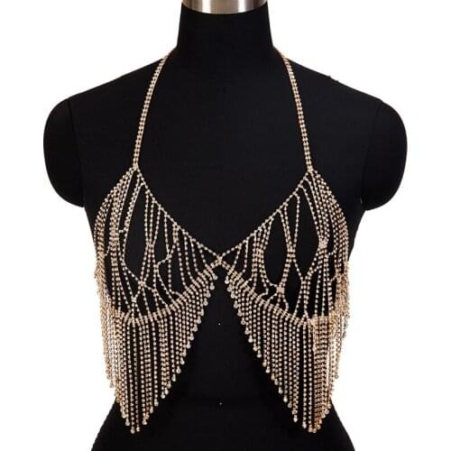 Women Sexy Alluring Chest Harness Bra Body Chain Lingerie Metal Tassel Chain Fashion ​Jewelry Hollow Out Brassiere Club Rave