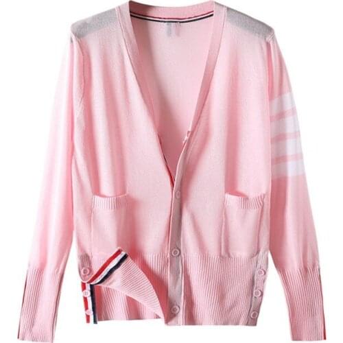 Summer Thin Knit Sweater Women Fashion Loose V-Neck Long Sleeve Stripe Ice Silk Knitting Cardigan Tops 3 Color Sweaters Female