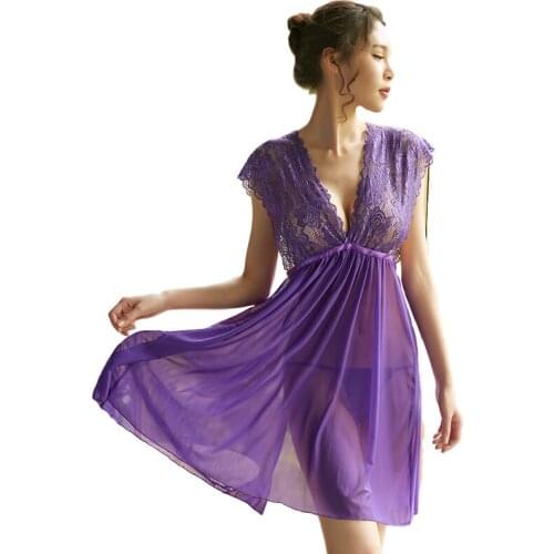 Lingerie Vintage Sleeping Underwear Lace Nightgowns Sexy Night Dress Nightie V-neck Sleepwear Dress See-though Night Wear Femme
