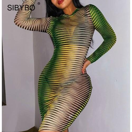 Sibybo Multicolor Print See Through Dress For Women 2021 Summer Long Sleeve Bodycon Dresses Femme Sexy Club Party Vestidos Robe