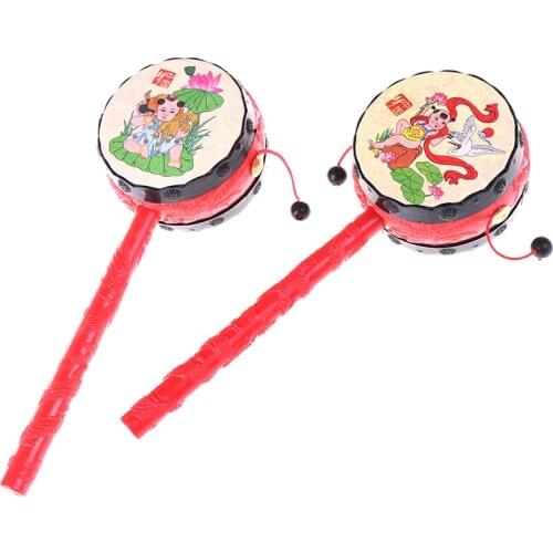 1PCS Cartoon Plastic Chinese Traditional Rattle Drum Spin Hand Bell Music Toys Baby Kids Fun Toy