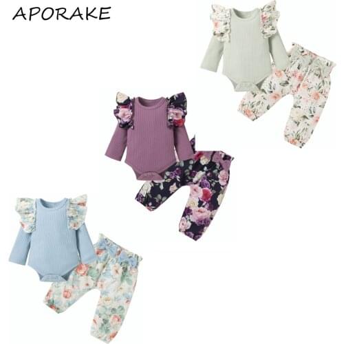 2021 0-18M Infant Girl Clothing Cute Ruffle Shoulder Long Sleeve Romper+Bow Ruffle Flower Pattern Pants Spring Fall 2pcs