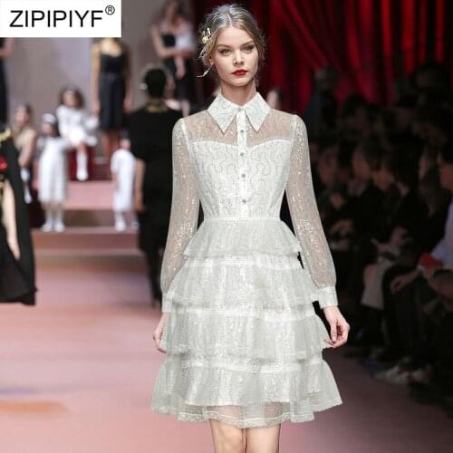 2021 Summer Runway Fashion Turn Down Neck See Through Long Sleeve Single-Breasted Sequined Ball Gown Layered Short Dresses Z340