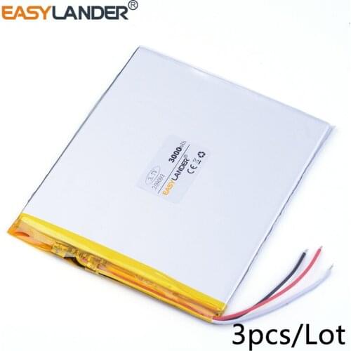 3pcs /Lot 3.7v lithium Li ion polymer rechargeable battery 3-wire 359093 3000mah tablet pc power bank cell phone pipo