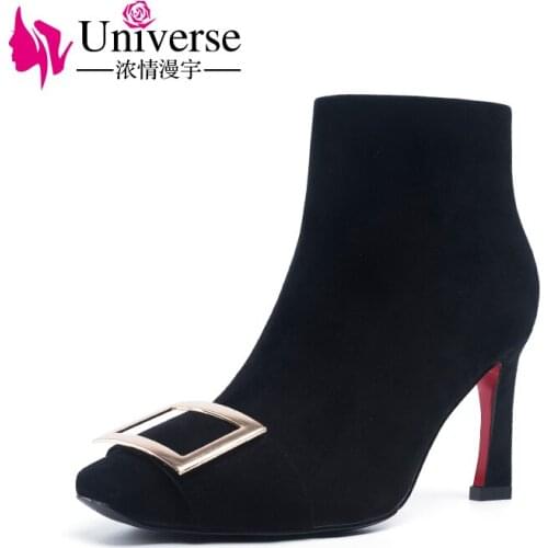 Universe kid suede ankle boots zipper warm super thin high heels short plush black winter boots women shoes H200