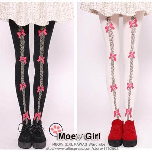 Kawaii Womens Lolita Golden Braid Velet Tights Cute Harajuku Pantyhose 120D Milk White, Black, Purple, Navy, Wine