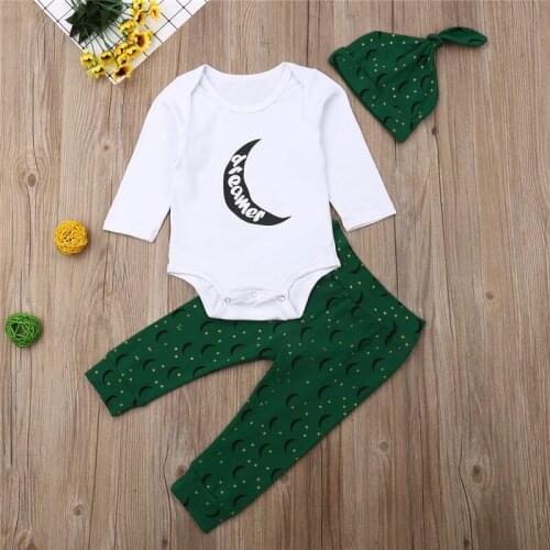 3pcs Baby Girls Clothes Set Long Sleeve Moon Print Bodysuits Baby Girls Rompers Set Green Long Pants Girls Outfits Newborn Set