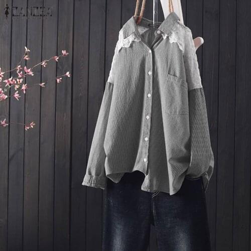ZANZEA 2021 Lace Patchwork Shirts Fashion Womens Plaid Blouse Casual Long Sleeve Blusas Female Button Down Tunic Plus Size Tops